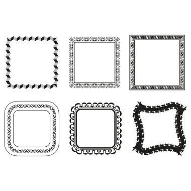 Dekoratif çerçeve seti. Süslü vektör sınırları. Klasik kare tasarımlar. Siyah ve beyaz desenler. EPS 10.