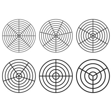 Hedef simgesi ayarlandı. Eşmerkezli daire tasarımları. Minimalist siyah çizgiler. Geometrik vektör şekilleri. EPS 10.