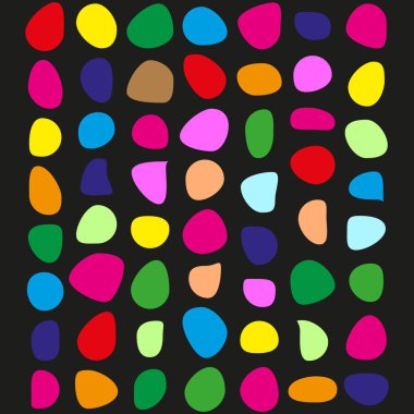 Renkli soyut şekiller. Canlı yuvarlak formlar. Çok renkli nokta vektörü. Siyah arka plan kontrastı. EPS 10.