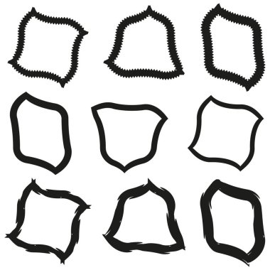 Soyut çerçeve seti. Düzensiz siyah şekiller. Dalgalı dekoratif sınırlar. Dinamik vektör elementleri. EPS 10.