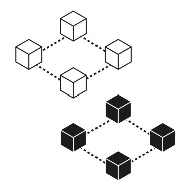 Blockchain küp simgesi. Siyah şekilleri birleştirmek. Dijital ağ tasarımı. Vektöre bağlı element. EPS 10.