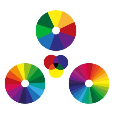 Renkli tekerlekler. Birincil renk örtüşmesi. Dairesel palet vektörü. Parlak renkli şema. EPS 10.