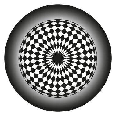 Damalı küre illüzyonu. Optik desenli sanat. Vektör çemberi etkisi. Tek renkli gradyan şekil. EPS 10.