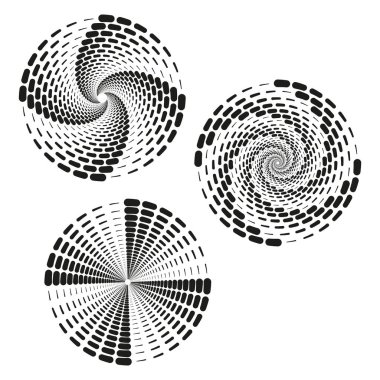 Büyüleyici spiral daireler. Dinamik noktalı desen. Siyah kalın optik girdap. Dönen vektör şekli. EPS 10.