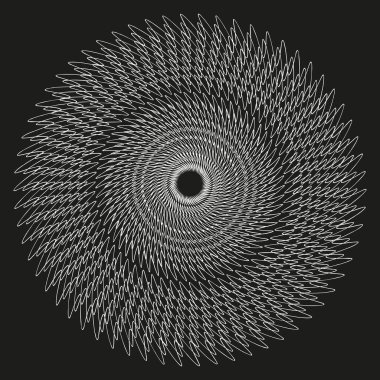 Soyut spiral desen. Geometrik optik illüzyon. Siyah arkaplan vektörü. Beyaz kablo simetrisi. EPS 10.