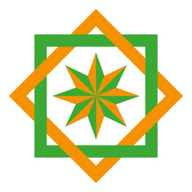Geometrik yıldız şekli. Yeşil ve turuncu çerçeve. Soyut simetrik desen. Vektör süsleme simgesi. EPS 10.