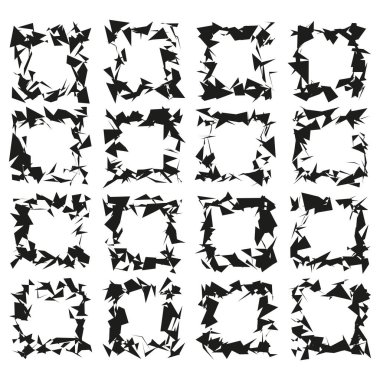 Sıkıntılı siyah çerçeveler. Soyut sivri uçlu kenarlar. Geometrik parçalanmış şekiller. Sert dekoratif kenarlar. EPS 10.