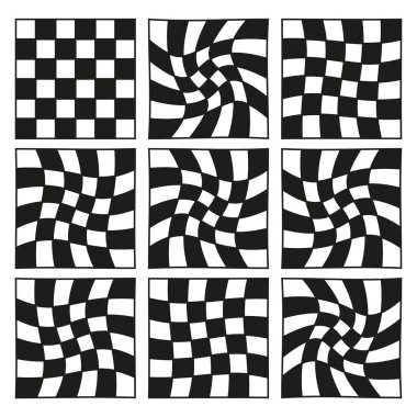Siyah beyaz dama tahtası. Optik illüzyon deseni. Dalgalı kareli doku. Soyut geometrik şekil. EPS 10.
