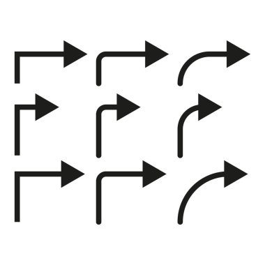 Ok yönü ayarlandı. Navigasyon yolu sembolleri. Yol tabelası koleksiyonu. Vektör çizimi. EPS 10.