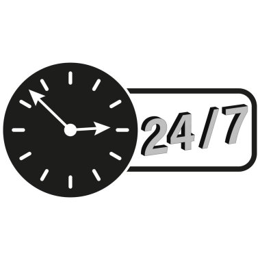 Saat ve mesaj. Yirmi dört yedi servis. Zaman yönetimi konsepti. Siyah vektör çizimi. EPS 10.