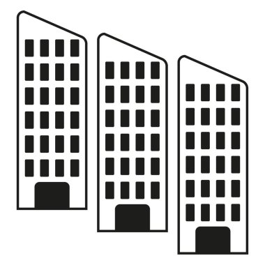 Şehir binası ikonu. Şehir kulesi sembolü. Gökdelen silueti görüntüsü. Vektör ufuk çizgisi çizimi. EPS 10.