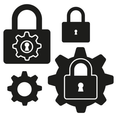 Kilit ve dişli simgeleri. Güvenlik ve ayarlar sembolleri. Asma kilit şekilleri ayarlandı. Vektör çizimi. EPS 10.