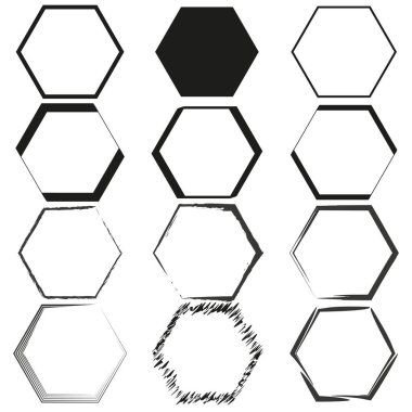 Altıgen çerçeve simgeleri. Geometrik vektör şekilleri. Siyah ve beyaz altıgen. Basit tasarım. EPS 10.