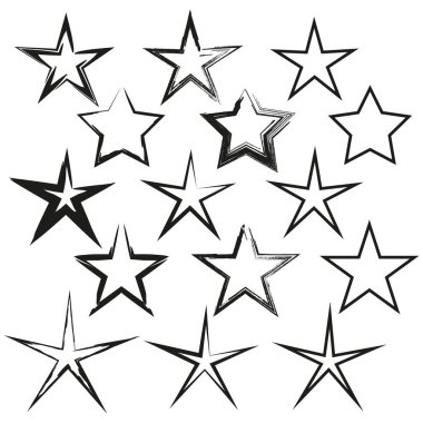Yıldız şekilli ikonlar. Çeşitli taslak tarzları var. Siyah beyaza. Vektör çizimi. EPS 10.