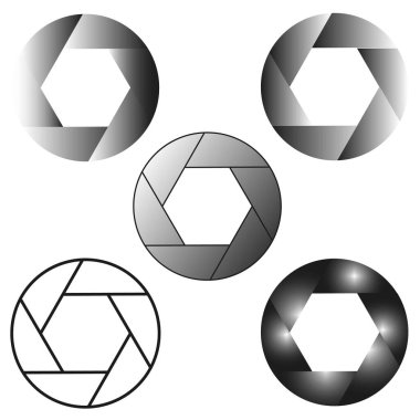 Metalik deklanşör simgeleri. Kamera açıklığı tasarımı. Siyah ve gri gradyan. Fotoğraf konsepti. EPS 10.