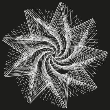 Soyut geometrik spiral. Bükülmüş çizgi şekilleri. Beyaz doğrusal detaylar. Vektör siyah arkaplan. EPS 10.