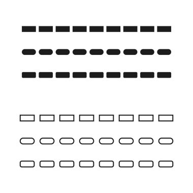 Kesik çizgi vektörü. Siyah ve beyaz desenli. Yatay noktalı element. Gösterge dizaynı tekrarlanıyor. EPS 10.