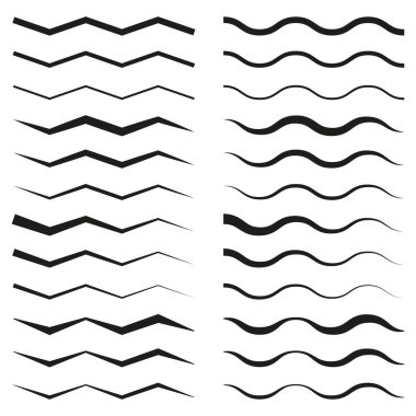 Siyah zikzak çizgileri. Dalgalı soyut eğriler. Minimalist geometrik elementler. Basit desen koleksiyonu. EPS 10.