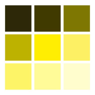 Sarı gradyan palet. Dokuz kare kumaş. Parlak ve yumuşak tonlarda. Vektör renk çizelgesi. EPS 10.