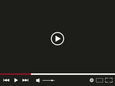 Video oynatıcı ekranı. Siyah zemin arayüzü. Çal düğmesi sembolü. Beyaz kontrol elementleri. EPS 10.