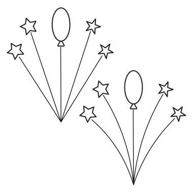 Yıldız havai fişek ikonu. Balon kutlama sembolü. Şenlikli yıldız patlaması tasarımı. Siyah beyaz taslak. EPS 10.