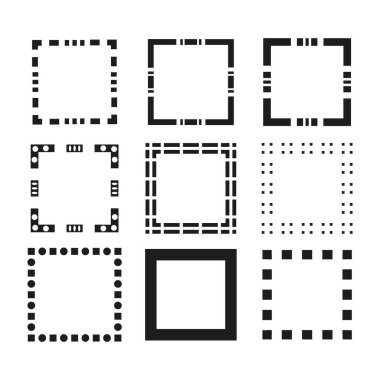 Çerçevelenmiş kalıp simgeleri. Kare vektör tasarımı. Siyah dekoratif şekiller. Geometrik minimum konsept. EPS 10.