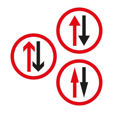 Trafik yön tabelası. Yol navigasyon sembolü. Kırmızı siyah oklar. Sürüş yönetmeliği simgesi. EPS 10.