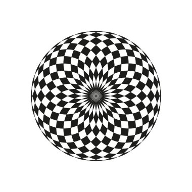 Psikedelik damalı daire. Op sanat küresi. Vektör hipnotik şablon. Siyah beyaz illüzyonu. EPS 10.