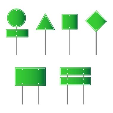 Yeşil yol işaretleri. Boş trafik levhaları. Sokak sembolleri çok az. Vektör çizimi. EPS 10.
