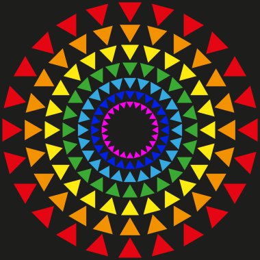 Renkli radyal desen. Parlak üçgen şekiller. Geometrik vektör tasarımı. Siyah arka plan. EPS 10.