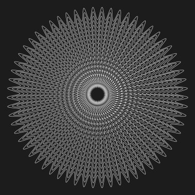 Radyal zikzak deseni. Soyut dairesel simetri. Siyah üzerine beyaz çizgiler. Geometrik taslak sanat. EPS 10.