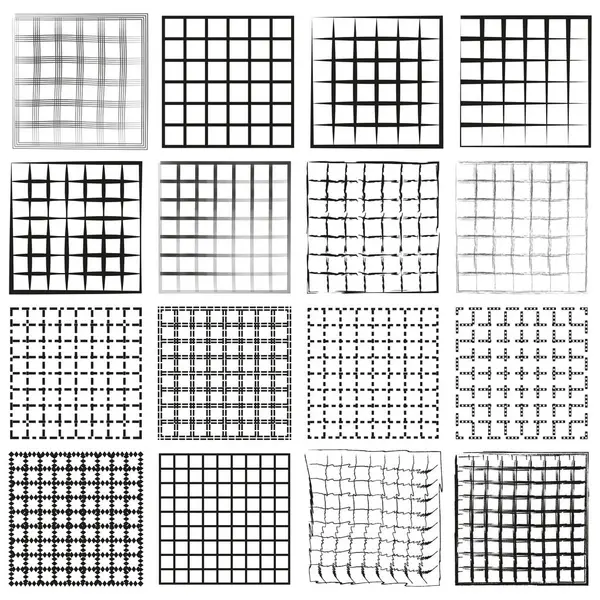 Şebeke desenleri simgeleri. Siyah ve beyaz kareler. Geometrik vektör tasarımları. Soyut yapılandırılmış şekiller. EPS 10.