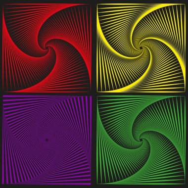 Kare çerçeveli ışınlarla. Vektör dairesel desen. Siyah arka planda çok renkli. Canlı bir çizgi tarzı. EPS 10.