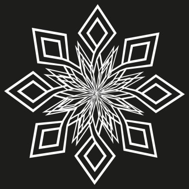 Beyaz kar tanesi deseni. Geometrik kış şekli. Siyah arka plan kontrastı. Soyut soğuk vektör. EPS 10