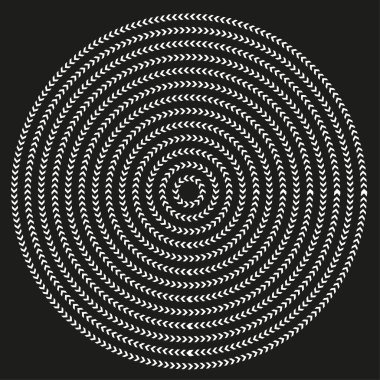 Eşmerkezli daire halkaları. Vektör dairesel desen. Tek renkli illüzyon şekli. Siyah arka plan derinliği. EPS 10.