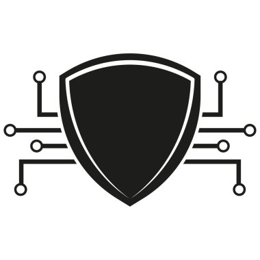 Kalkan sembolü simgesi. Teknik savunma şekli. Dijital devre vektörü. Siber güvenlik amblemi. EPS 10.