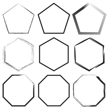 Geometrik şekiller koleksiyonu. Pentagon altıgen formları. Vektör hatları şekilleri. Temel çokgen elementleri. EPS 10.