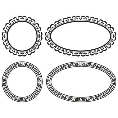 Dekoratif çerçeve simgesi. Süslü sınır şekli. Klasik vektör modeli. Dairesel ve oval formlar. EPS 10.