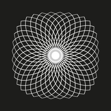 Radyal spiral şekil. Soyut beyaz çizgiler. Geometrik eğri tasarımı. Vektör siyah arkaplan. EPS 10.