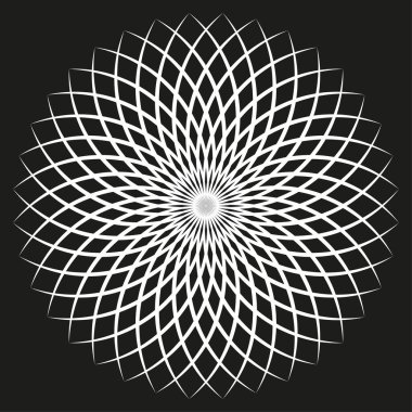 Beyaz geometrik mandala. Karmaşık fraktal desen. Optik illüzyon tasarımı. Vektör simetrik sanat eseri. EPS 10.
