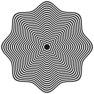 Çiçek şekilli vektör. Dalgalı katmanlı form. Soyut taç yaprağı tasarımı. Konsantrik siyah element. EPS 10.