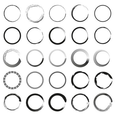 Çizilmiş daire seti. Tek renkli yuvarlak vektör. Soyut halka şekilleri. İnce siyah şerit. EPS 10.