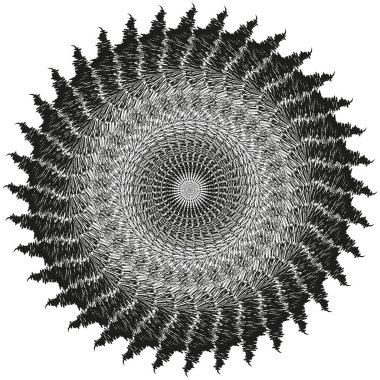 Çokgen spiral desen. Gri tonlu katmanlı şekil. Optik karşıtlık unsuru. Vektör soyut tasarımı. EPS 10.