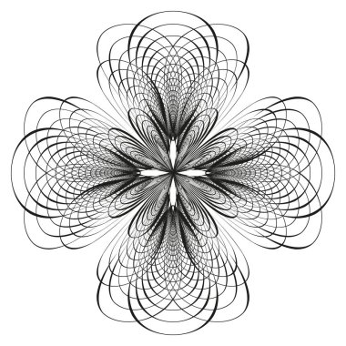 Katmanlı çiçek şekli. Siyah beyaz simetri. Dairesel soyut figür. Vektör yaprak illüzyonu. EPS 10.
