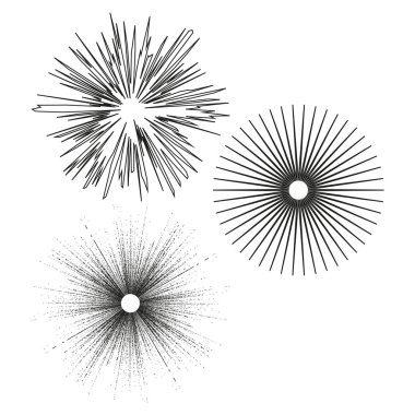 Radyal yıldız şekli. Soyut güneş patlaması vektörü. Dikenli dairesel form. Siyah beyaz tasarım. EPS 10.
