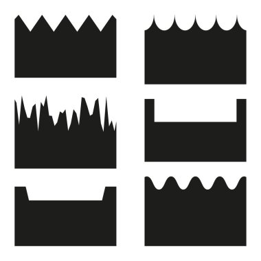 Yırtık kağıt şekilleri. Sivri uçlu siyah çizgiler. Vektör pürüzlü kenarları. Soyut asgari tasarım. EPS 10.