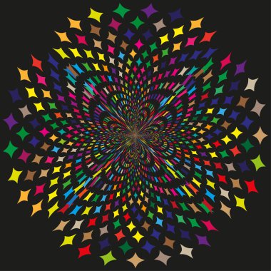 Renkli noktalar patladı. Siyah arkaplan modeli. Vektör parçacık tasarımı. Parlak dağınık noktalar. EPS 10.