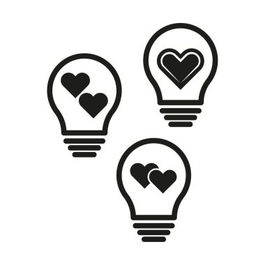 Ampul kalp simgeleri. Fikir aşk sembolü. Yaratıcı konsept vektör. Tutkulu yenilik simgesi. EPS 10.