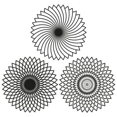 Spiral desen koleksiyonu. Geometrik girdap tasarımları. Radikal dairesel çizimler. Vektör dönüş sembolleri. EPS 10.