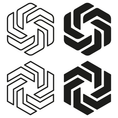 Dört soyut şekil. Geometrik spiral simgeler. Siyah beyaz desen. Vektör tasarımı ayarlandı. EPS 10.